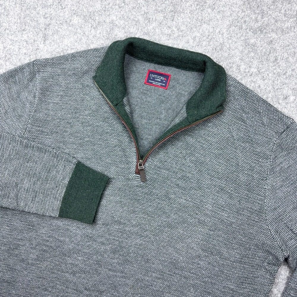 Untuckit‎ Sweater Mens Large Gray Green Merino Wool Belguardo Jacquard 1/4 Zip